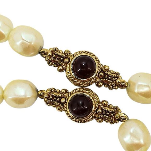 Vintage Givenchy Faux Pearl Necklace W Gold Tone Etruscan Style Accent Beads - Picture 4 of 5